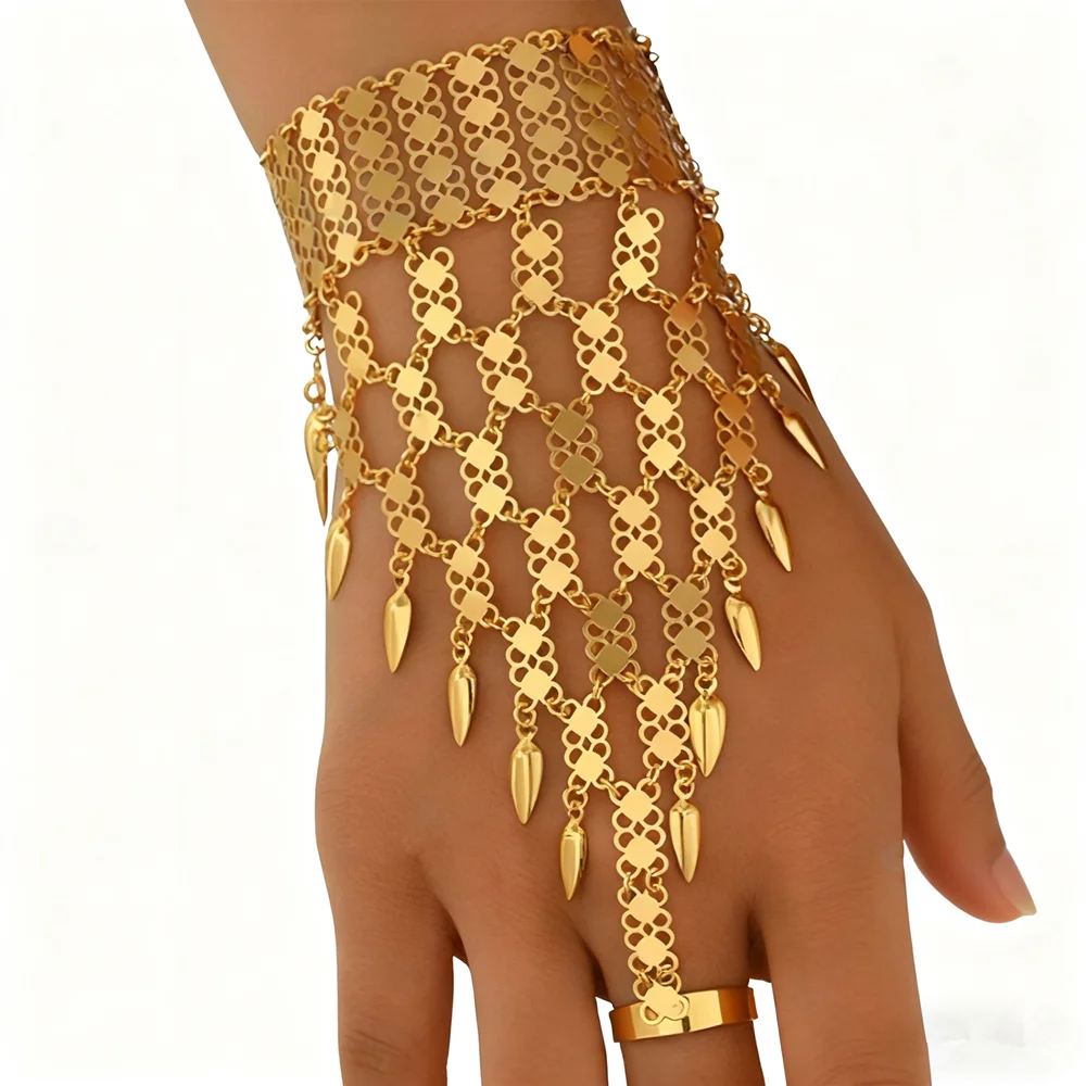 Golden Hand Chain Bracelet With Tassel Pendant Women Arabic Bridal Hand Harness Ring Bracelet For Party Wedding Jewelry