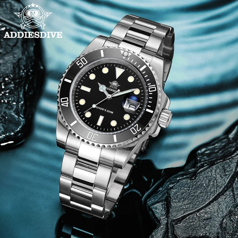 ADDIESDIVE Hot Sale Men Fashion Watch 316L Stainless Steel 200M Diver Super Luminous Calendar Display Reloj Hombre Quartz Watch