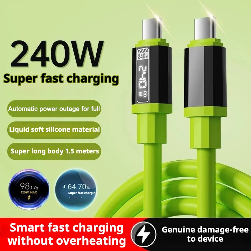 1m/2m/3m 240W Fast Charging USB Type-C To Type-C Cable with Real-Time Power Display for Huawei, Xiaomi, Samsung, OPPO, VIVO