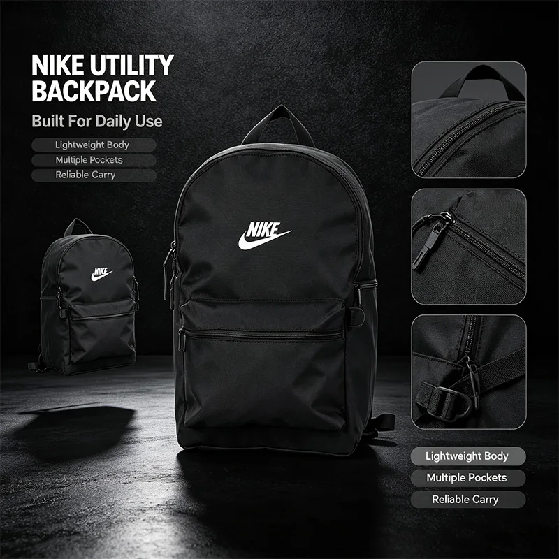 Nike Official Genuine Black Backpack Men Women Classic Sports Backpack Durable Adjustable Travel School Shoulder Bag DH7709-010