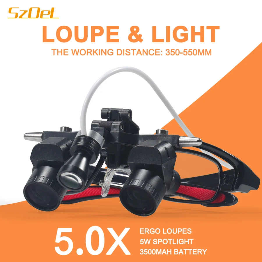 Dental Myopia Ergo Zoom loupes 5X with LED Light for Ear, Nose and Throat Orthopedic Surgery Loupes, Working Distance 350-550mm