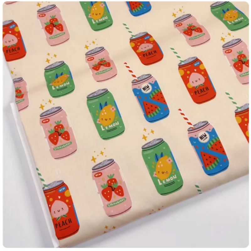 Cartoon Fruit Drink Can Print Pure Cotton Plain Fabric for DIY Handmade Patchwork, Clothing Book Covers Table Cloth, M148