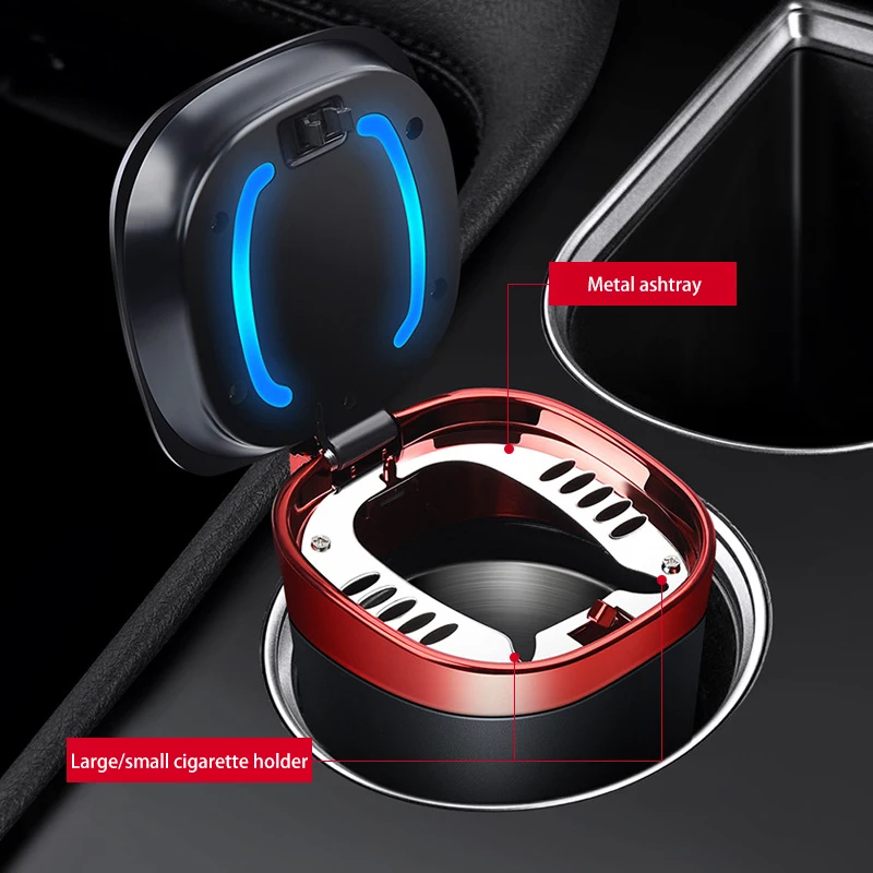 Car Ashtray Cup with Lid Anti-Odor Stainless Steel LED Light One-Click Open Car Ashtray Portable Removable Fireproof
