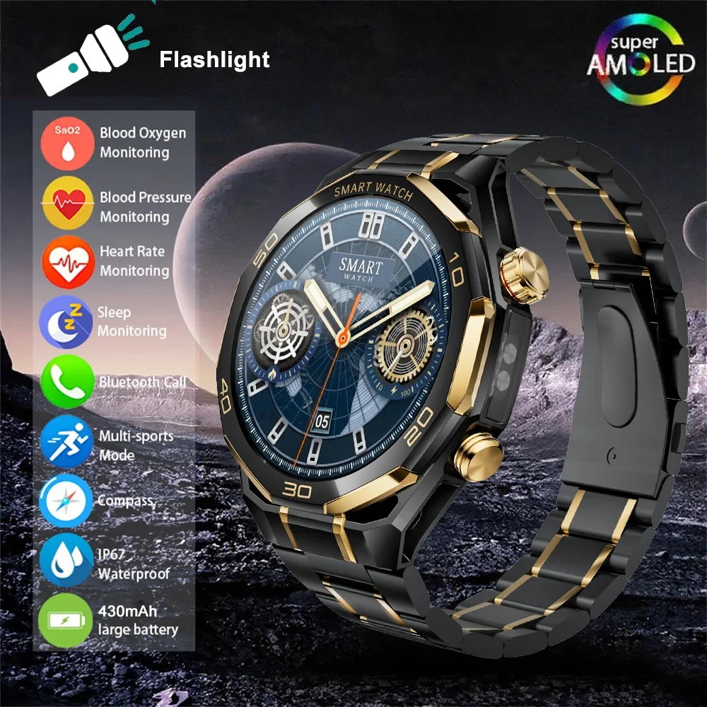 Men Smart Watch 1.53 Amoled LED Flashlight Outdoor Sport Tracker Health Monitoring Bluetooth Call AI Voice IP68 Smartwatch