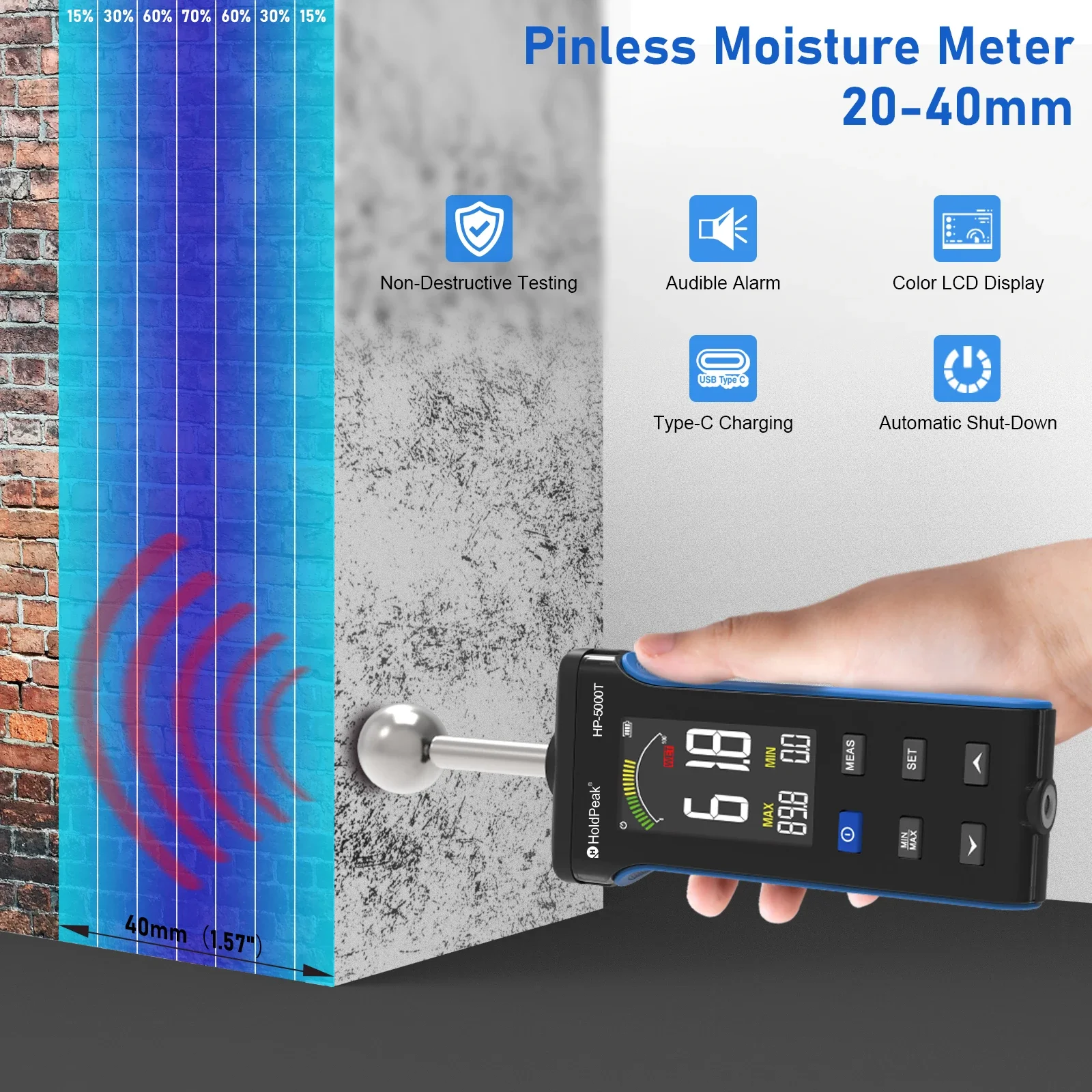 Hoporise HP-5000T Non-Contact Wood Moisture Meter 20-40 mm Measuring Depth Supports Type-C Port Charging Moisture Content Tester