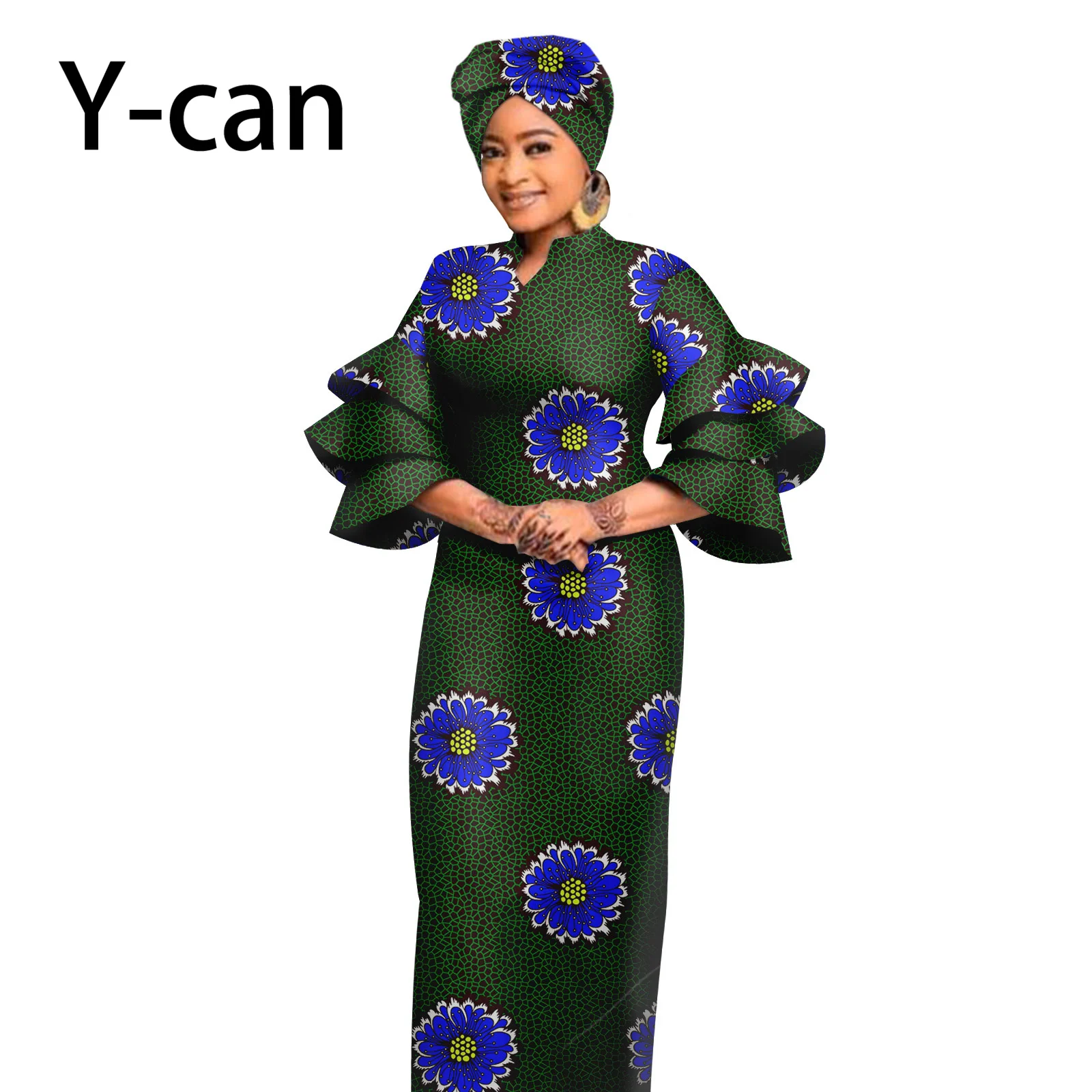 Summer African Chic Dresses for Women Dashiki Ankara Print Slim Ruffles Maxi with Headwrap Bazin Riche Elegant Evening Y2325069