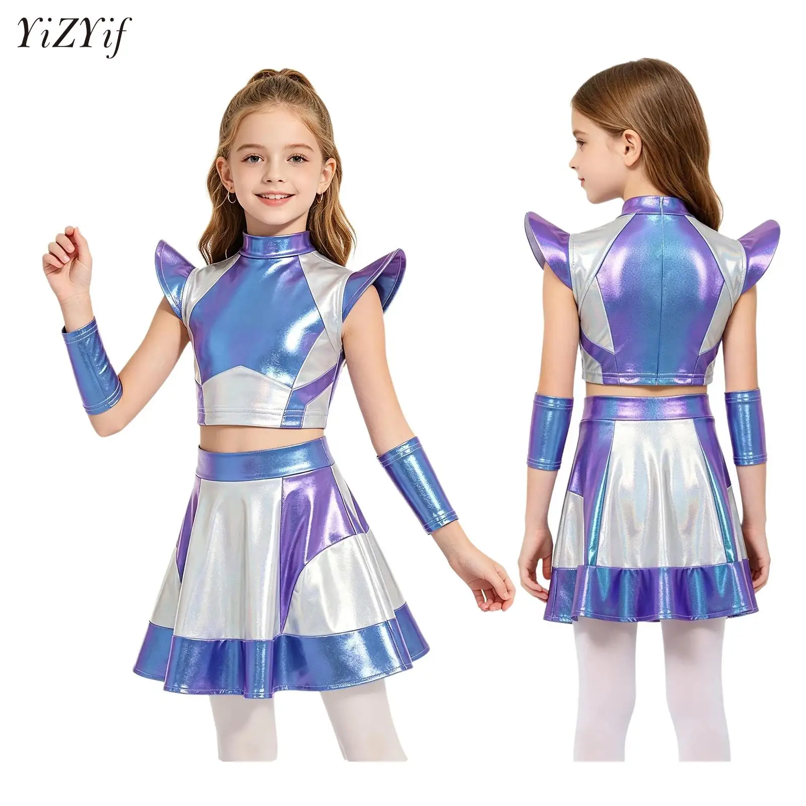 Big Girls Alien Cosplay Costume Halloween Robot Astronaut Shiny Top And Skirt Oversleeves Set Carnival Fancy Dress Up Clothes