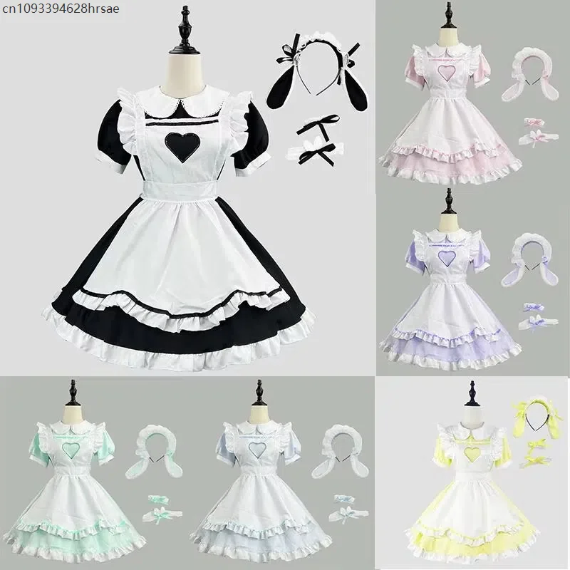 Lolita Dress Pink Maid Dress for Women Black Short Sleeve Women Dress Set Halloween Cosplay Costume Party Outfit