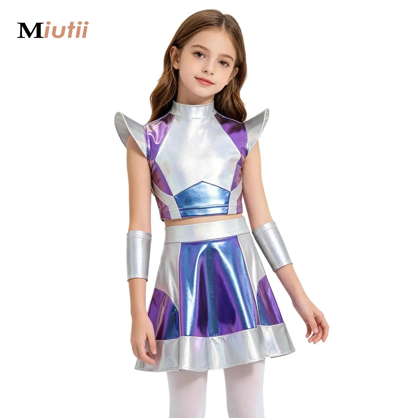 Girls Silver Astronaut Costume Alien Jumpsuit Suit Space Cadet Gown Halloween Cosplay Party Dress Up Robot Space Role Play Suits