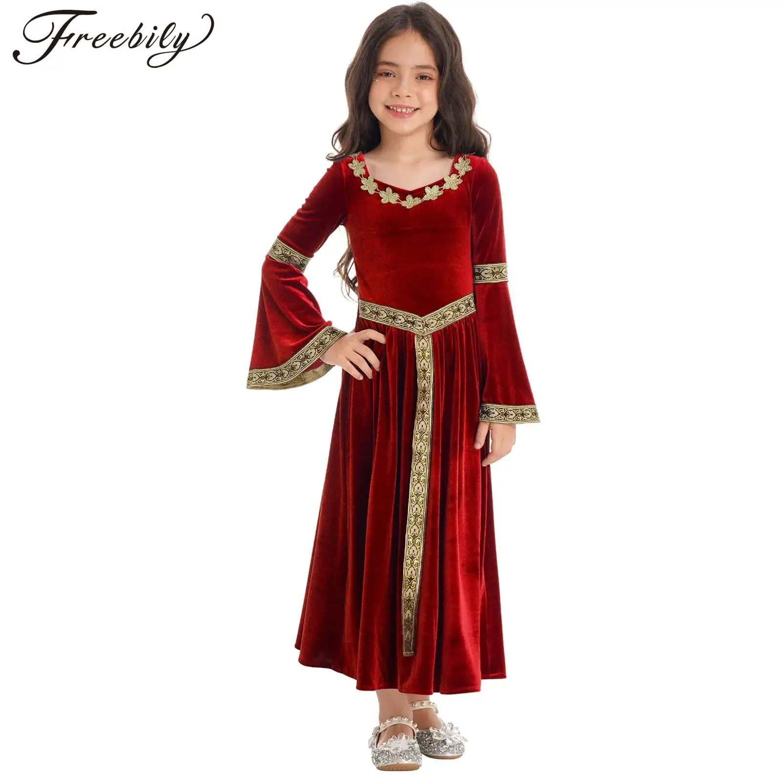 Girls Medieval Renaissance Velvet Dress Princess Queen Cosplay Costume Christmas Xmas Halloween New Year Carnival Party Dress