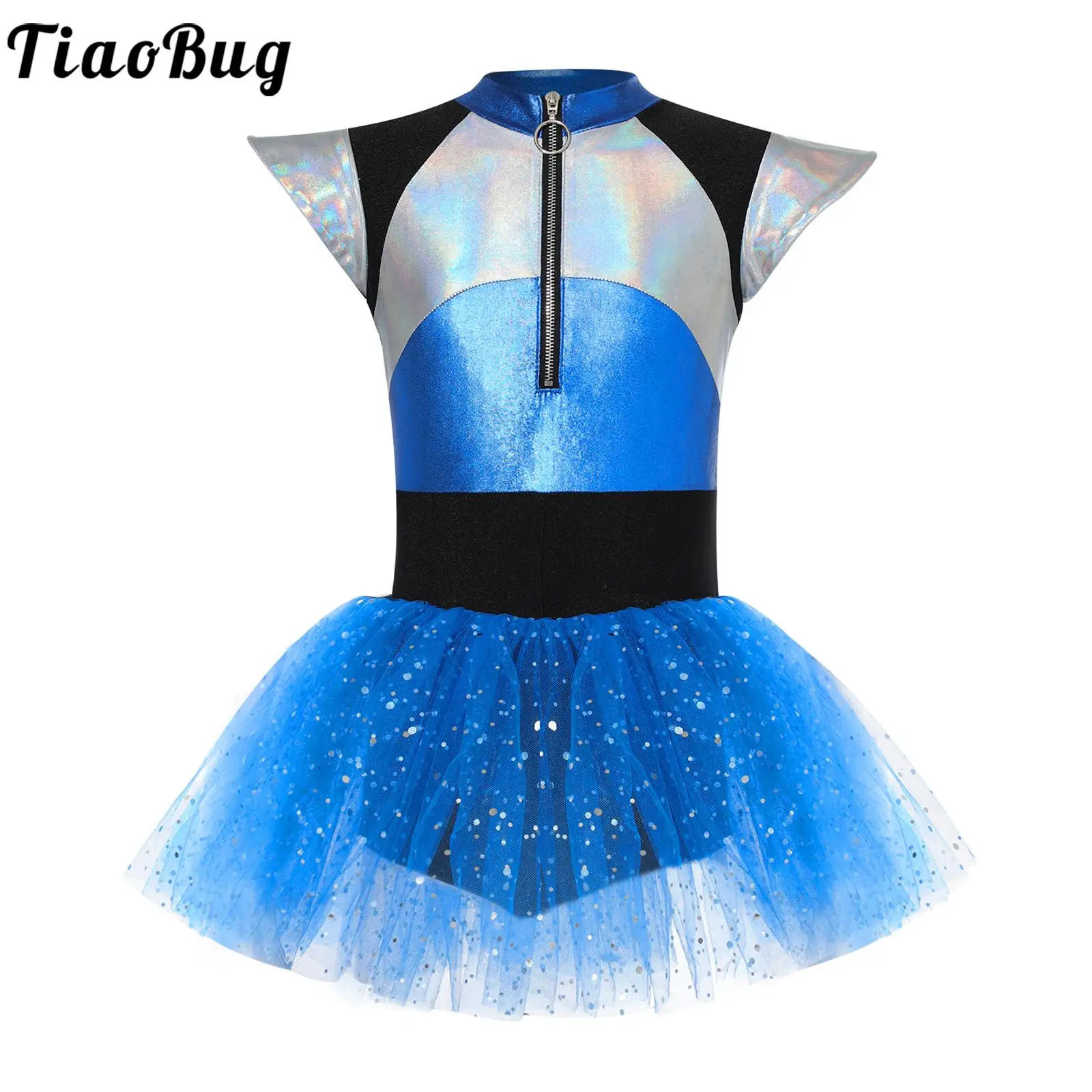Kids Girls Alien Cosplay Costume Cheerleading Dance Dress Short Sleeve Shiny Spangles Tutu Leotard Halloween Party Dancewear