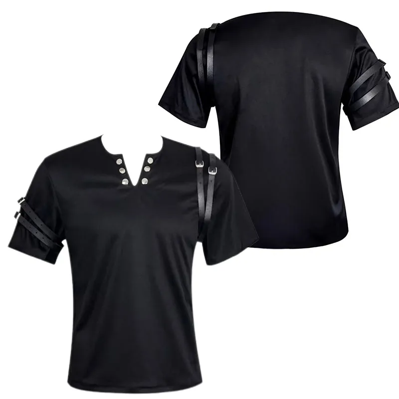 2026 New Michael Jackson BAD Black Short Sleeve T-Shirt With Buckle Straps King Of Pop Cosplay Performance Clothes For Adults