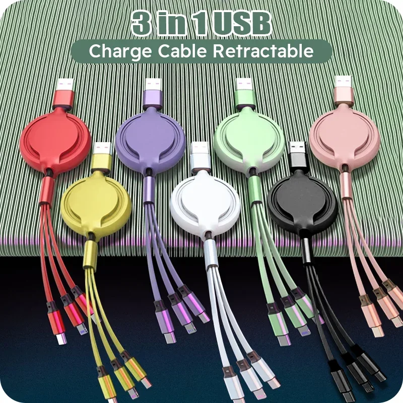 3-in-1 Retractable Fast-Charging Cable: 1-to-3 Type-C/Android/Apple Combo Charging Cable, Multi-Port Universal