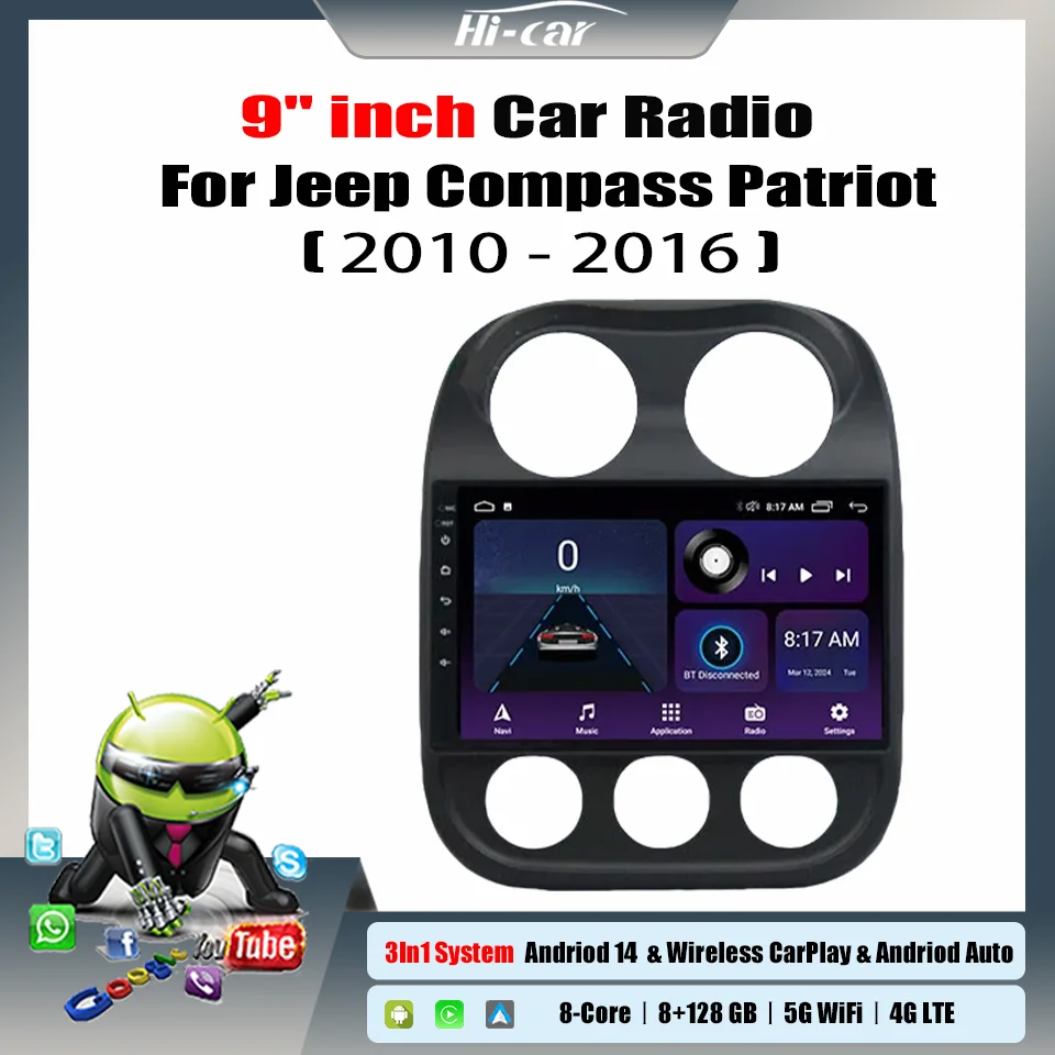 2 Din Android14 Car Radio For Jeep Compass Patriot 2010-2016 Autoradio 4GLte + Wifi GPS Navigation Carplay DSP Multimedia Player