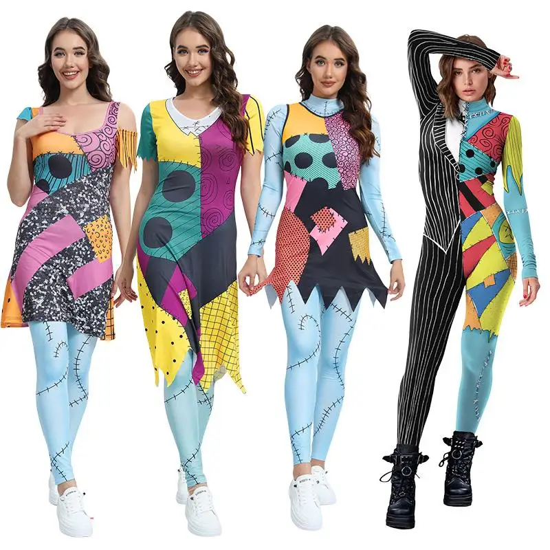 Color Cosplayer Sally Suit Maid Cosplay Costume Halloween Bodysuit Spandex Jumpsuit Carnival Leggings Day of The Dead Dress