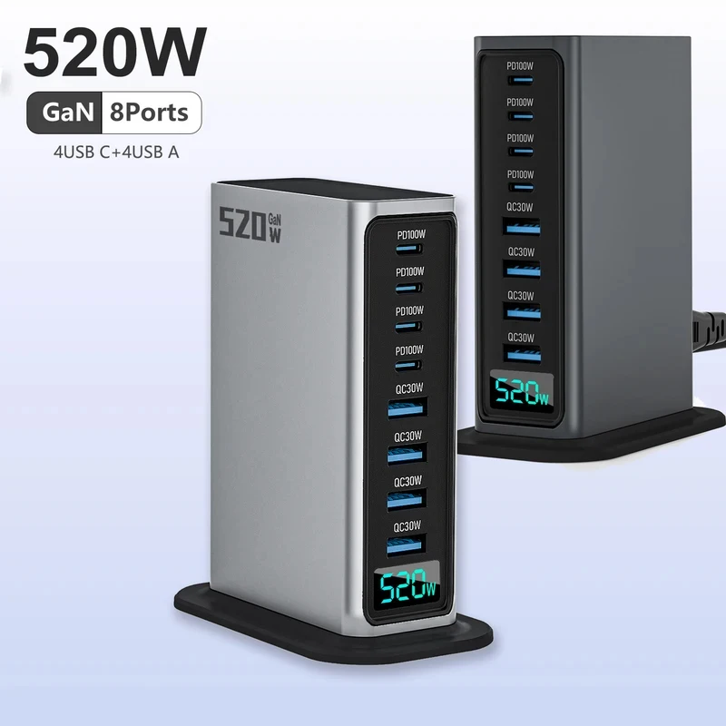 520W Desktop GaN Charger 4C4A 8 Ports 100W PD USB Type C USB Power Hub Mobile Phone Laptop Fast Charging Station
