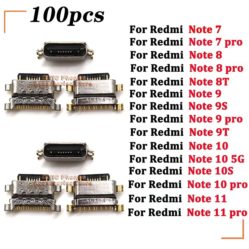 100pcs USB Jack Charging Socket Port Plug Dock Charger Connector For Xiaomi Redmi Note 7 8 8T 9 9S 9T 10 10S 11 Pro 4G 5G