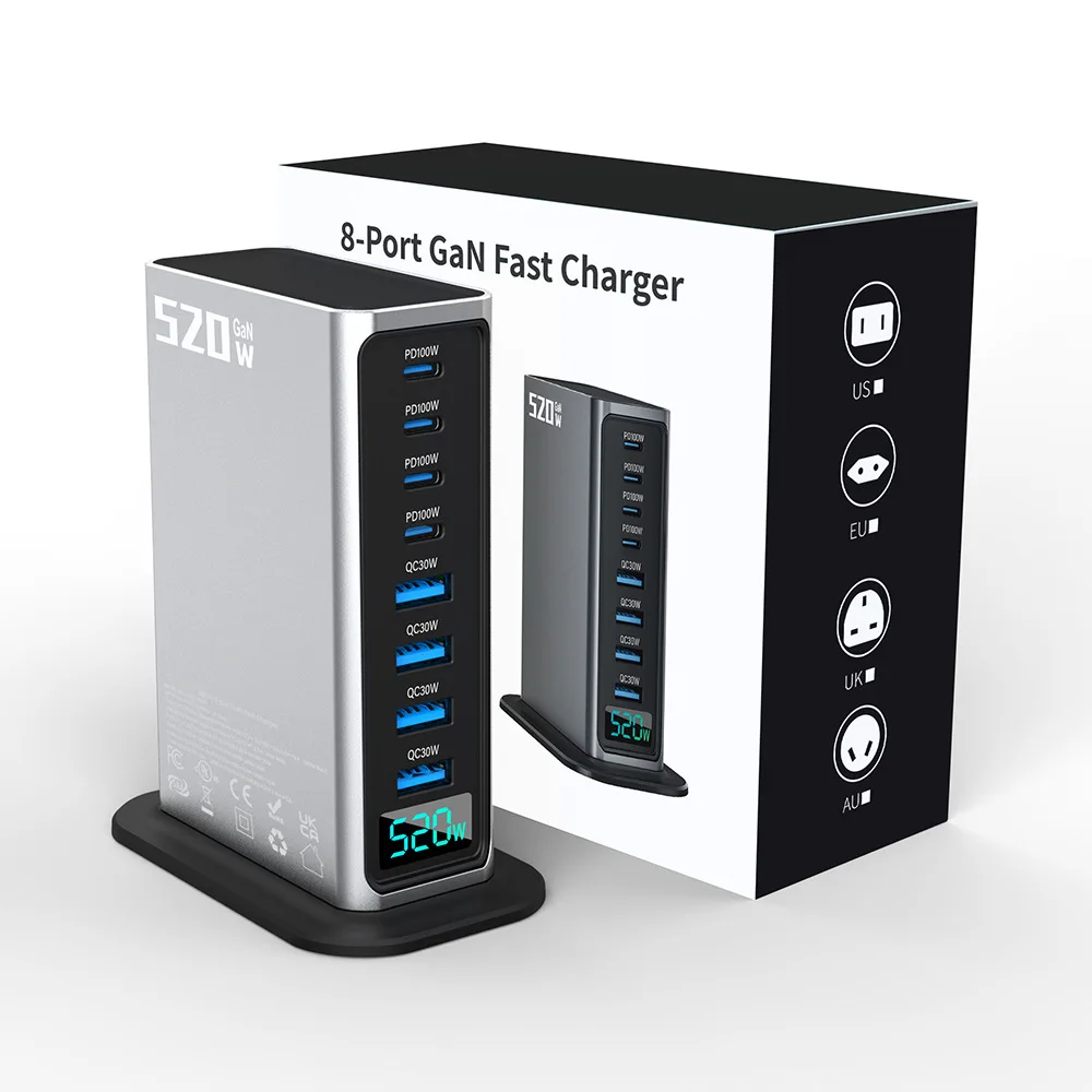 Gallium Nitride 520W 100W 65W 30W Super Fast Charging PD Desktop US EU UK AU Plug 8 Ports GaN Charger