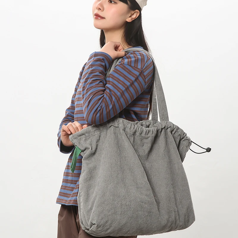 Black Corduroy Shoulder Bags Women Large Capacity Cotton Casual Totes Solid Simple Light Shopper Bags Korea Style Cloth Packages