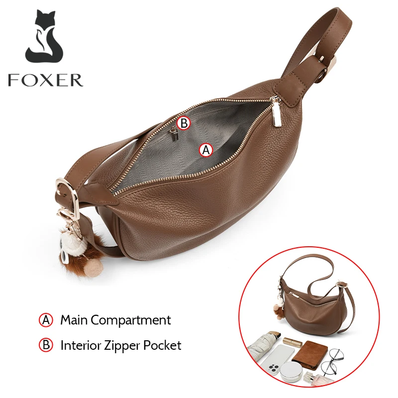 FOXER Light Luxury Women's Shoulder Bag Soft Genuine Leather Crescent Bag Lady Large Capacity Crossbody Bag Female Daily Handbag