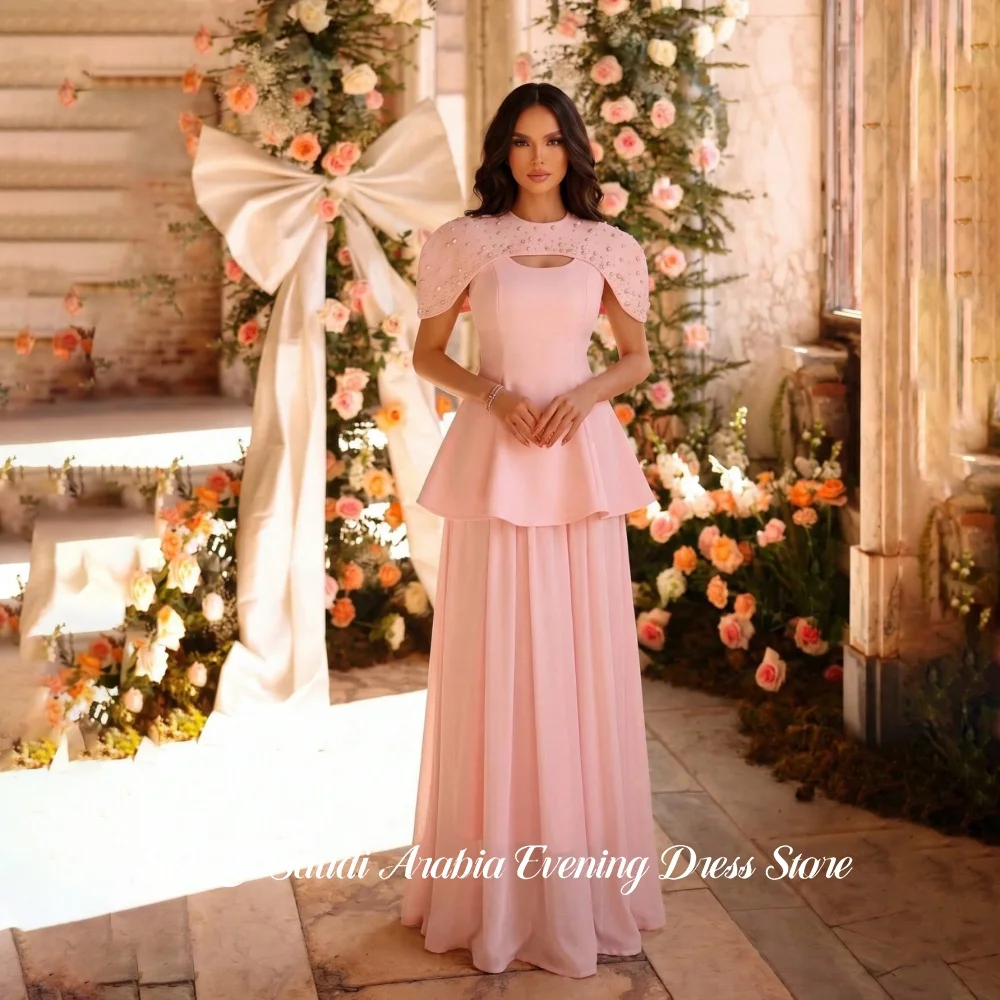SOLIS Premium Women Pink Prom Gown Sleeveless Formal Evening Dress With Beaded Cape Ruffle Waist Flowing Party Dress Customized
