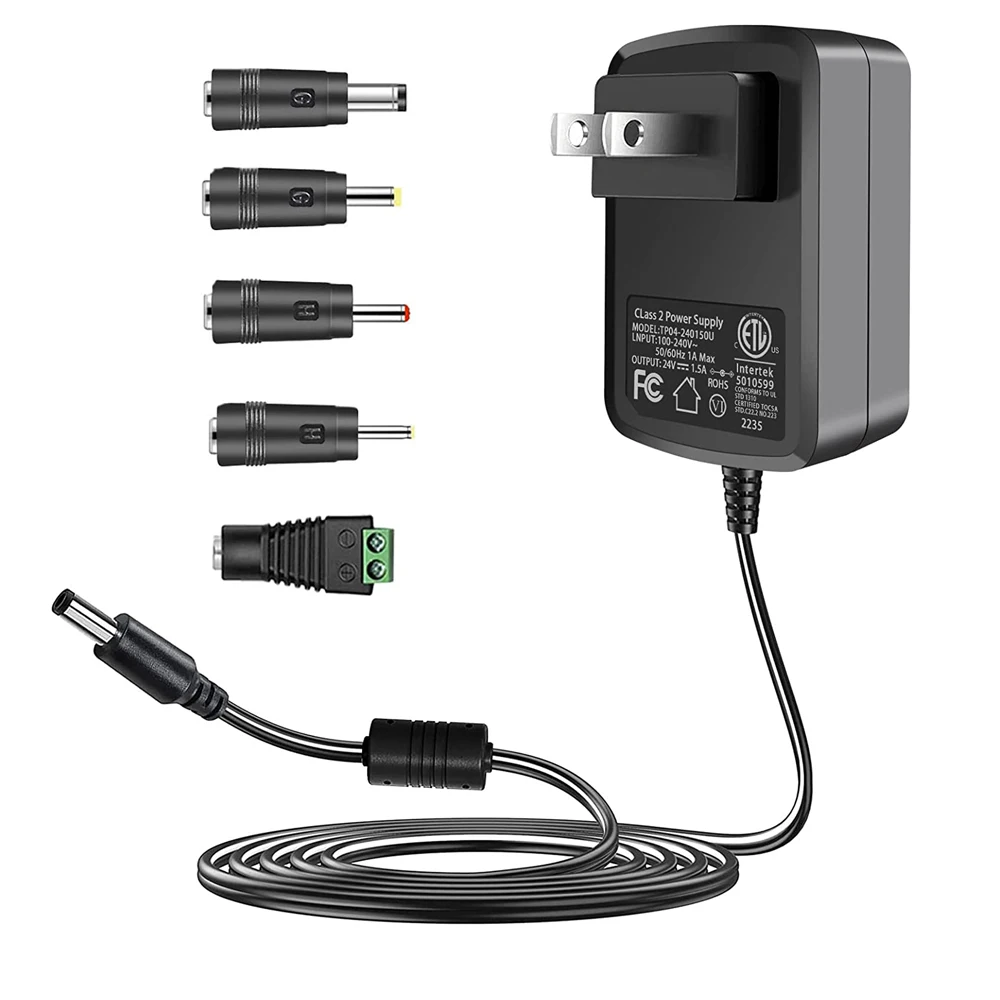 24V 1.5A Power Supply Adapter,100~240V AC to DC 24 Volt 1.5 Amp Converter with 5 Tips for LED Strip Light CCTV WiFi Camera