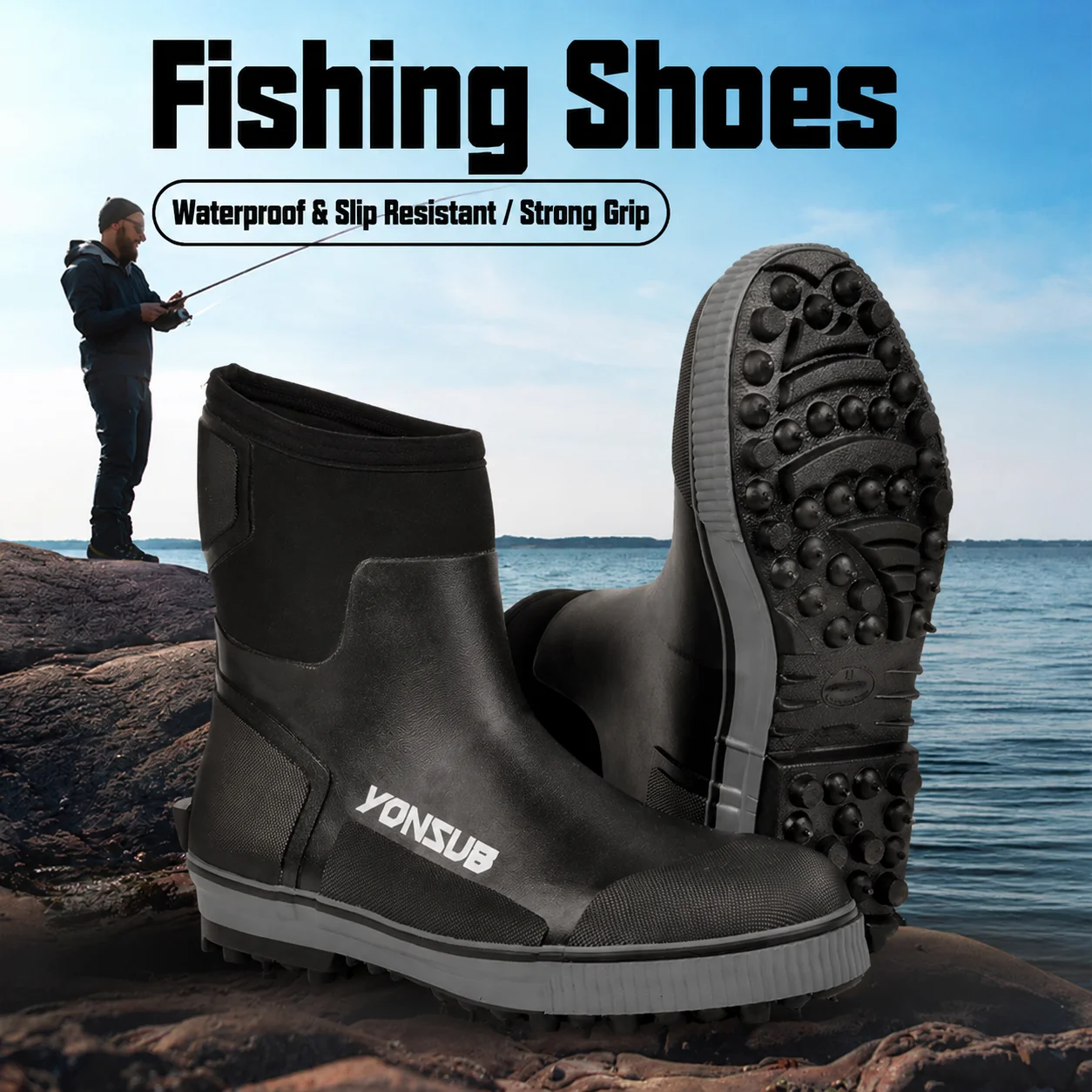 Spike Sole Fishing Wading Boots, Waterproof Anti-Slip Ice Boots with Steel Studs for Surfcasting, Ice Fishing & Rock Fishing