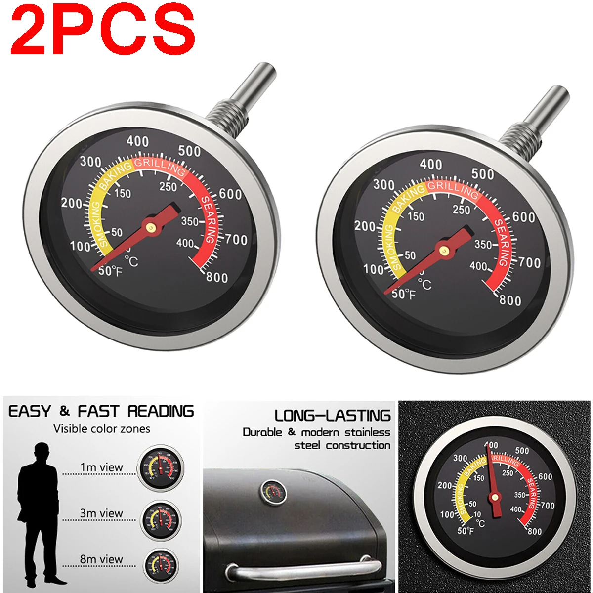 2Pcs Steel Temperature Gauge Thermometer for Barbecue BBQ Grill Smoker Pit Thermostat Replacement Thermometer BBQ Meat Accessory