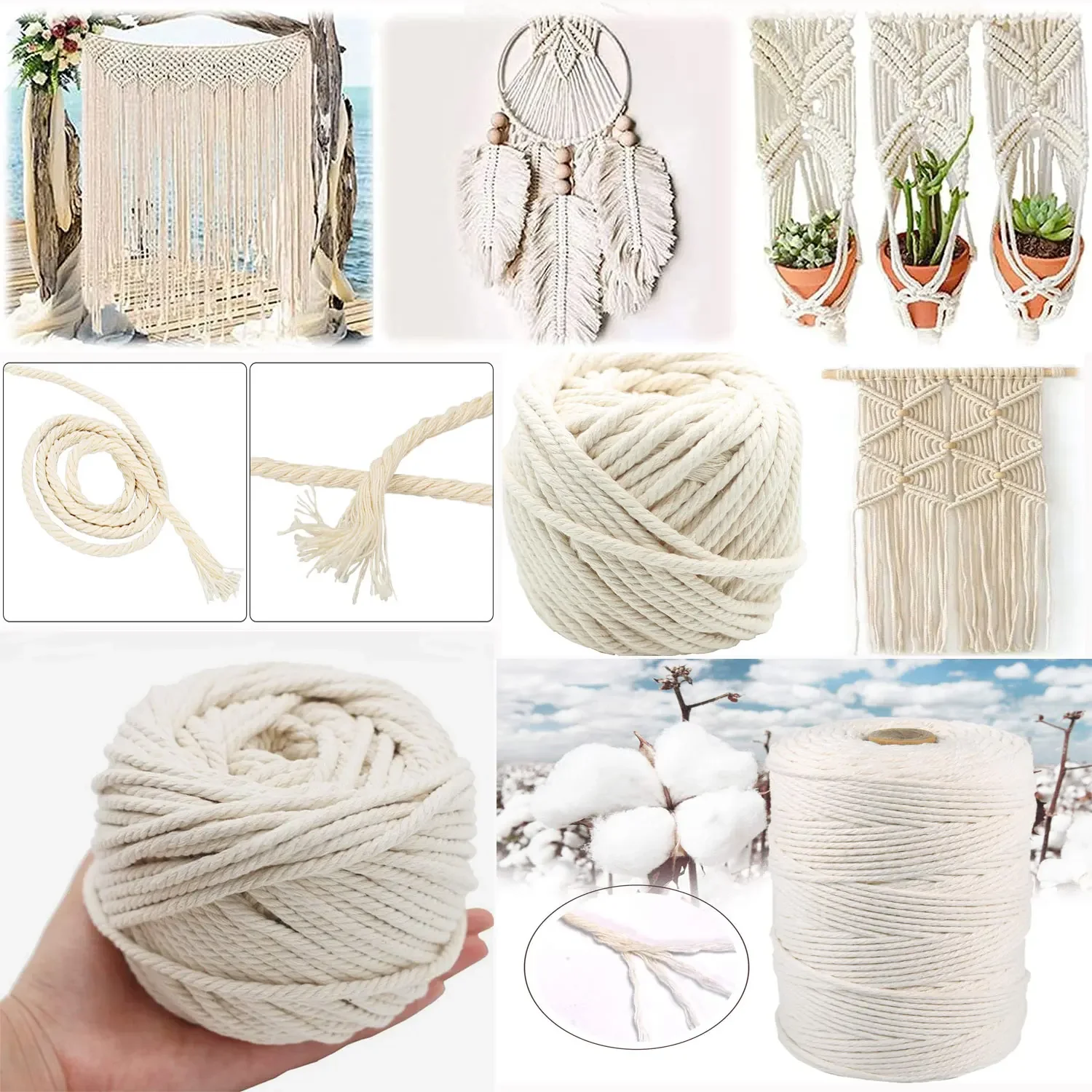 2-100M Macrame Cotton Cord Thread Rope Craft for Wall Handmade  Natural Cotton Twisted Rope Handmade Decorative DIY Home Crafts