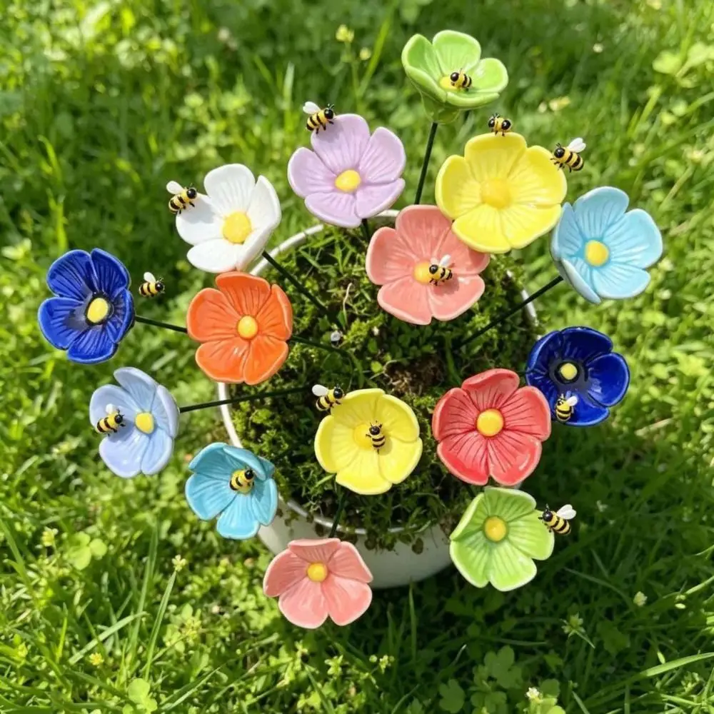 3pcs Colorful Bee Butterfly Water Dispenser Garden Decoration Ceramic Insect Drinking Cup DIY Gifts Artificial Flower Home Decor