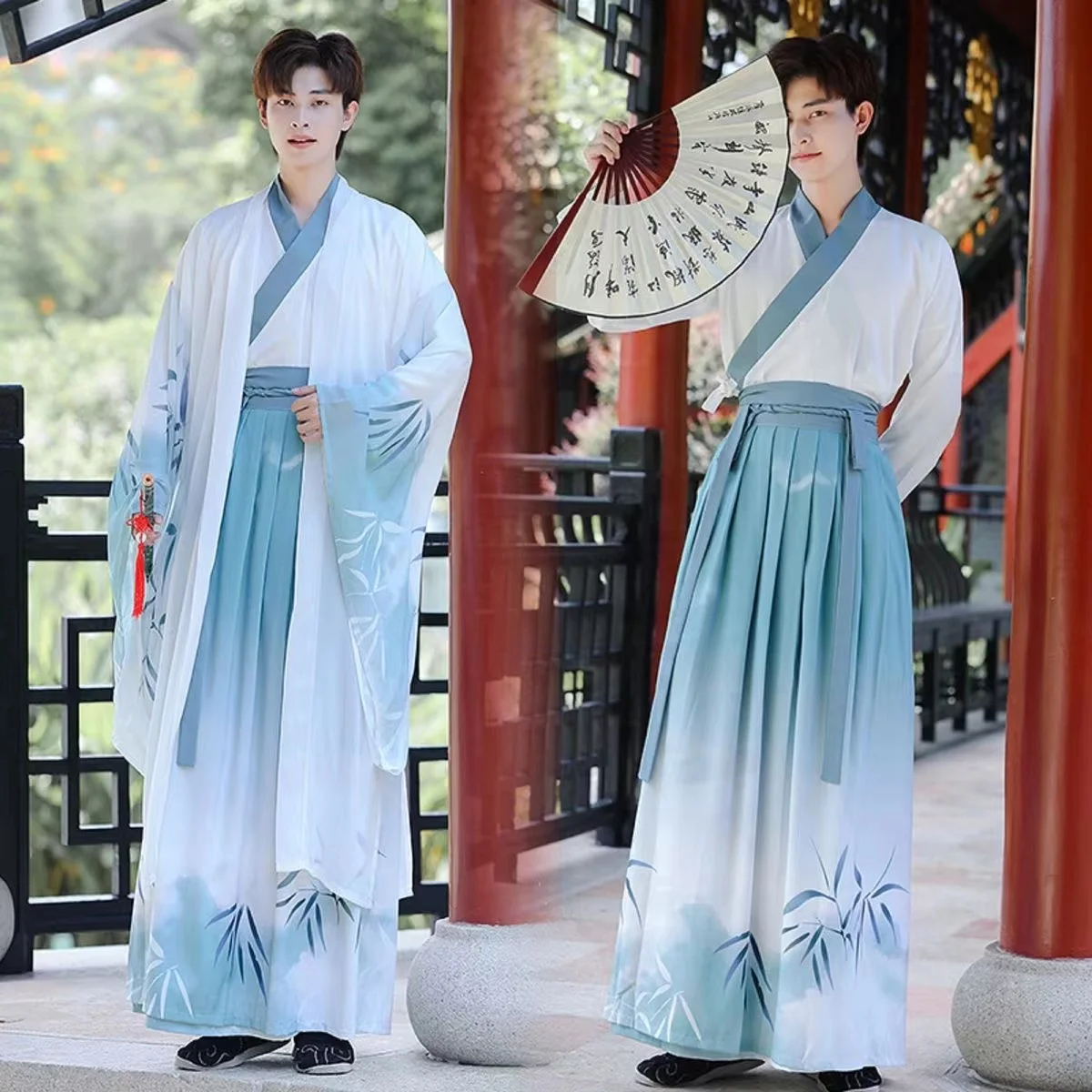 Men Halloween Ancient Scholar Cosplay Costume Vintage Hanfu Blue Shirt+Skirt+Jacket 3pcs Sets Plus Size 2XLChinese Hanfu