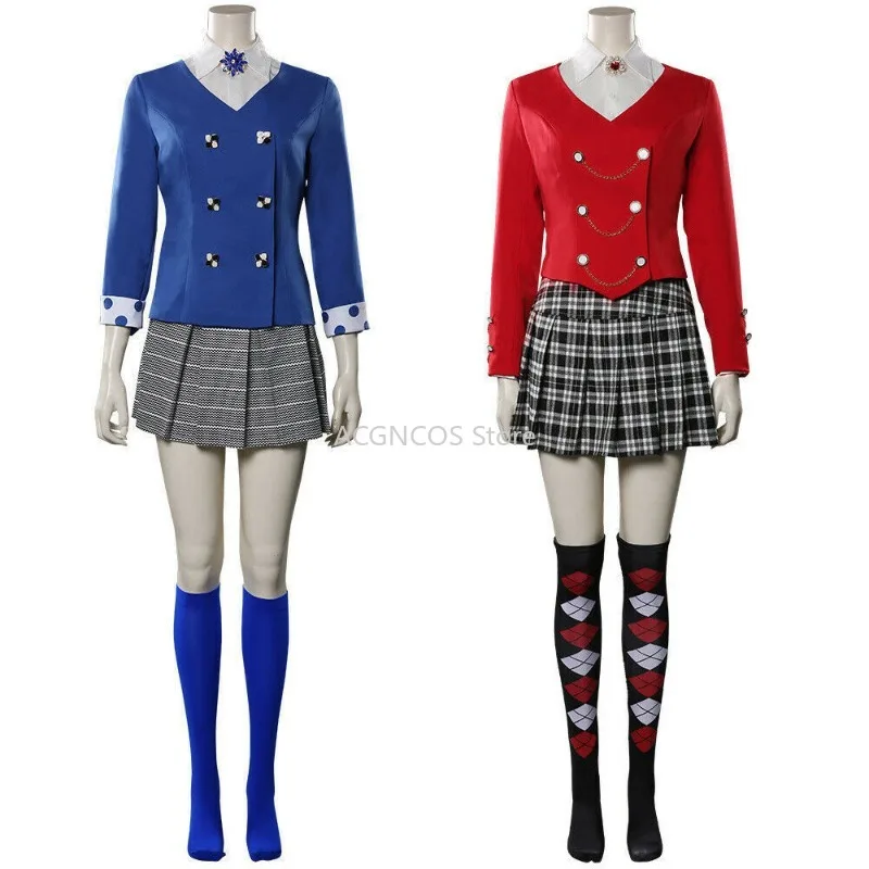 Heather Veronica Cosplay Costume Blue Red School Uniforms Women Blazer Plaid Skirt Socks Halloween Party Stage Performance