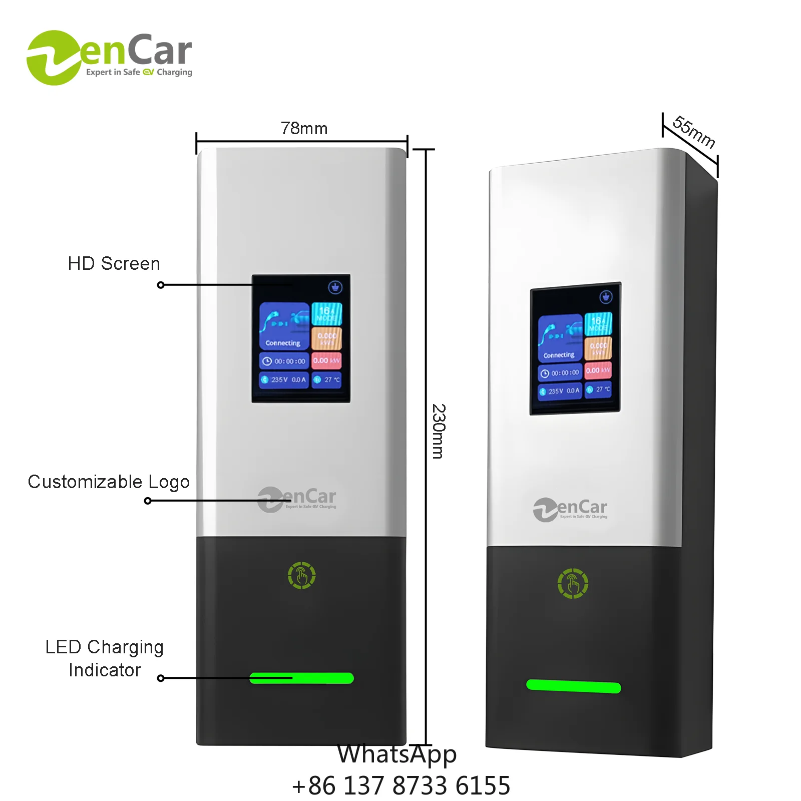 ODM OEM 32A Portable EV Charger Zencar Newest Model C20 7.4kW EVSE Nacs Standard Plug 220V 1 Phase 2.8 Inch LCD Colorful Display
