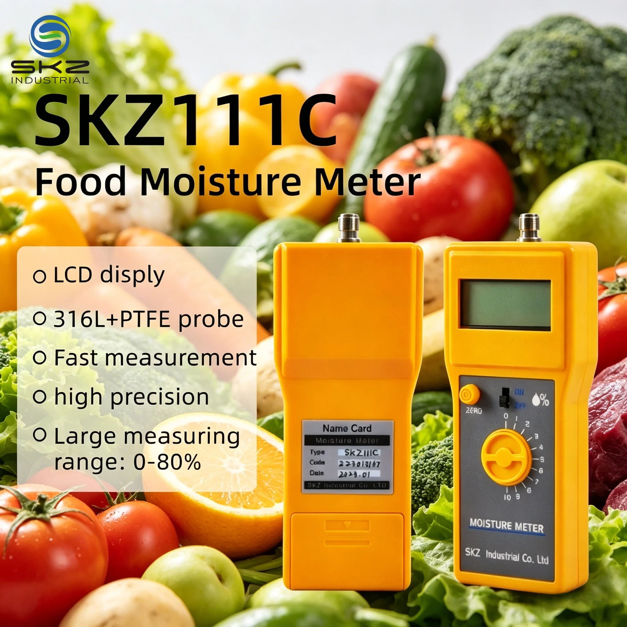 SKZ111C Portable Digital Food Moisture Meter for Dough Pasta Bread Cake Meat Flour Wheat 0-80% High Precision LCD Display
