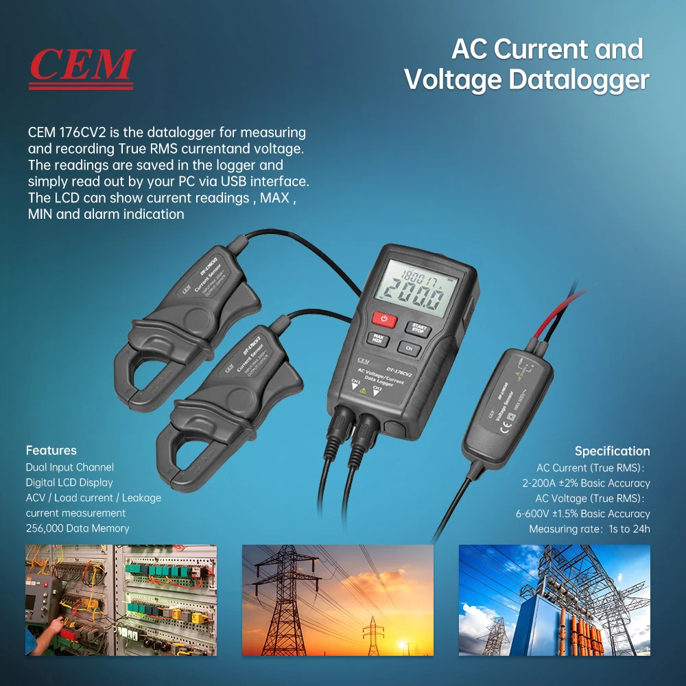 CEM 256000 Data Memory Digital LCD Display USB Current & Voltage Datalogger With Time & Date Display