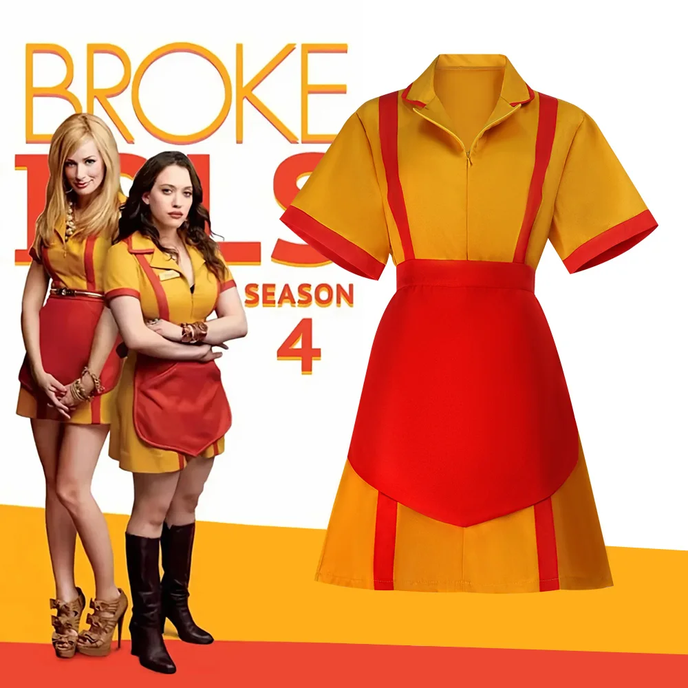 2 Broke Girls Max Cosplay Costume Caroline Waitress Uniform With Apron Yellow Maid Uniform Halloween Party Dress Outfit