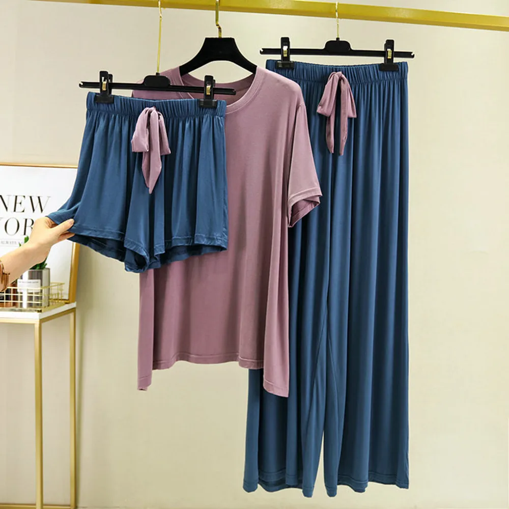 Fdfklak Short-Sleeved Shorts + Trousers Women 3 Pcs Home Suit Summer New Pajamas Modal Nightwear Pyjama Femme Sleeping Clothes