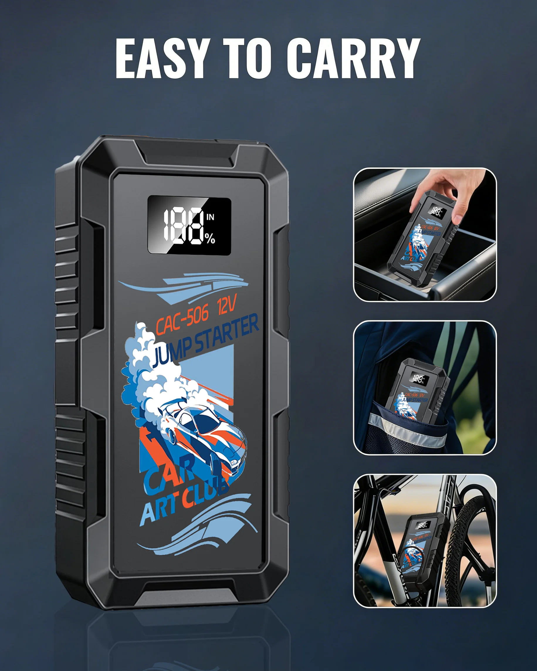 CAR ART CLUB 6000A Portable Jump Starter, 12V Battery Booster, Emergency Power for 9L Gas 7L Diesel Engine SUV Truck