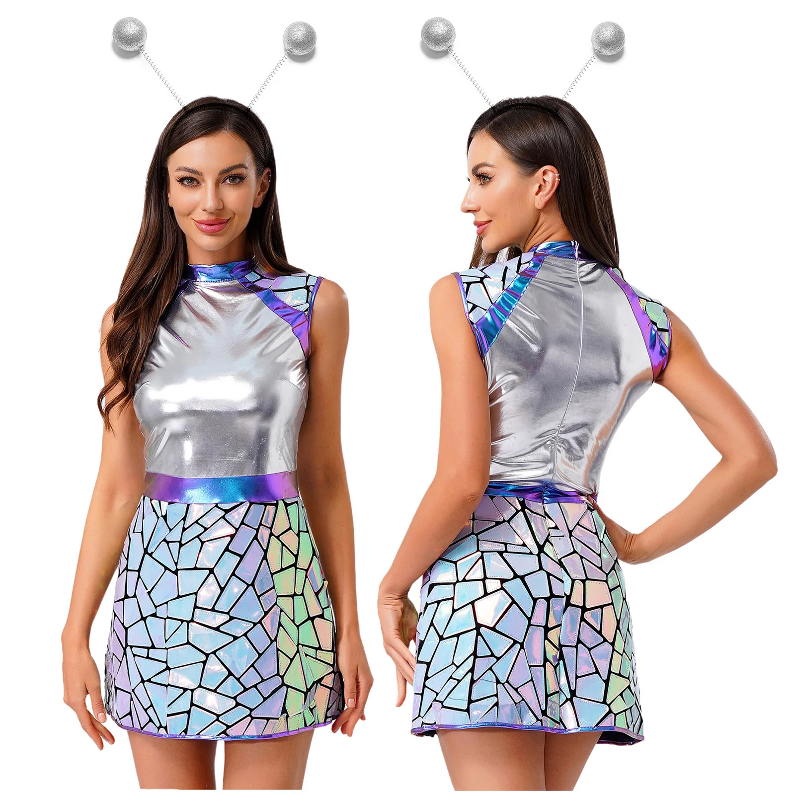 Women Halloween Alien Astronaut Costume Gradient Metallic Dress and Alien Headwear for Galaxy Traveler Space Warrior Cosplay