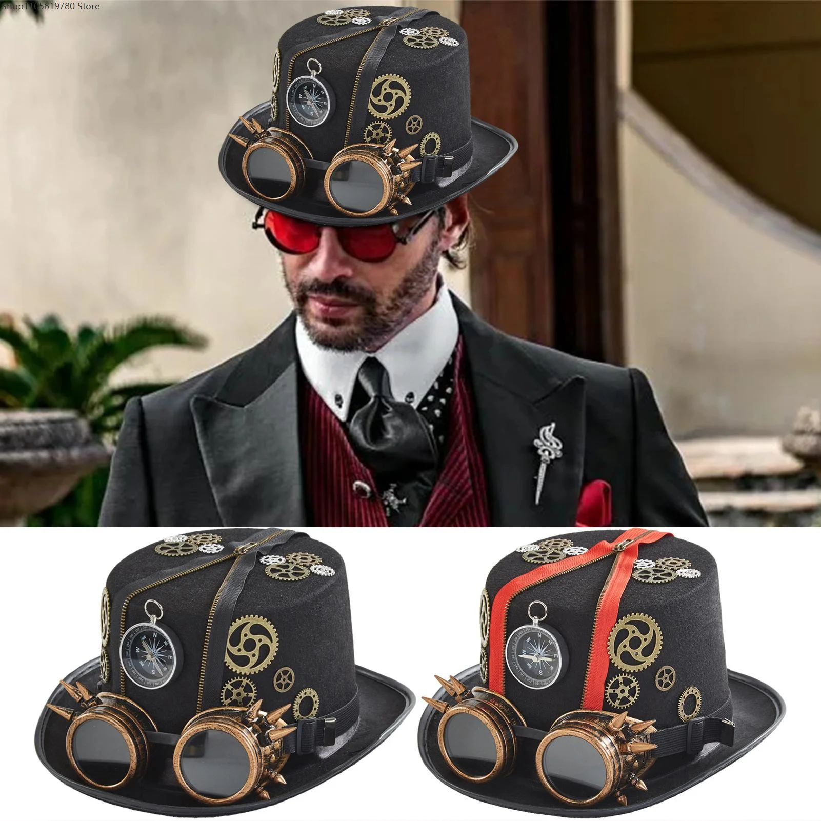 Retro Steampunk Headwear Unisex Detachable Goggles Decoration Halloween Cosplay Prop Time Traveler Themed Party Dress‑Up Hat