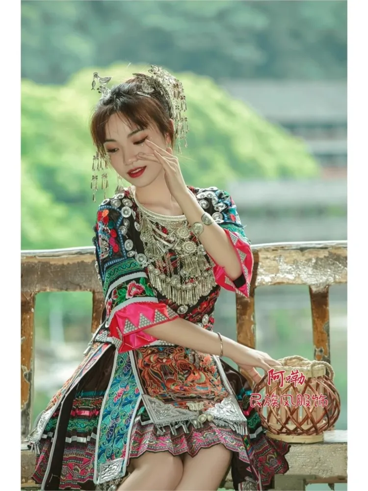 New ethnic short embroidered dress sets headwear performance costumes travel photography outfits