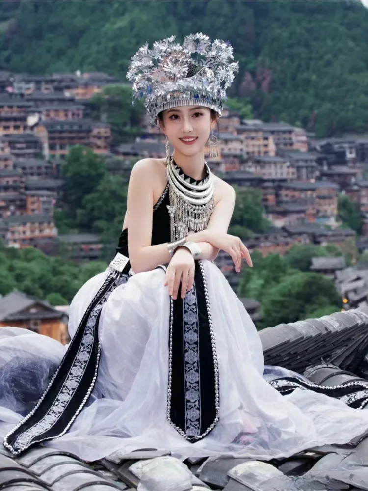 Travel photography exotic white gauze long dress set ancient-style clothing