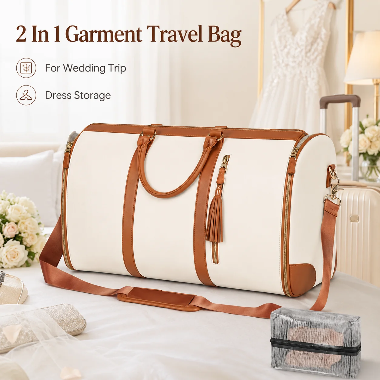 Carry On Garment Bag White 2 In 1 Travel Duffle Bag Large Capacity PU Weekender Tote Formal Dress Storage For Wedding Trip