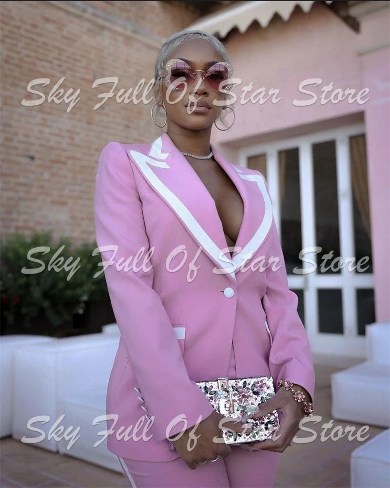Elegant Pink White Contrast Piping Women Suit 2 Pcs Slim Blazer Straight Pants Daily Travel Night Party Evening Cocktail Wear