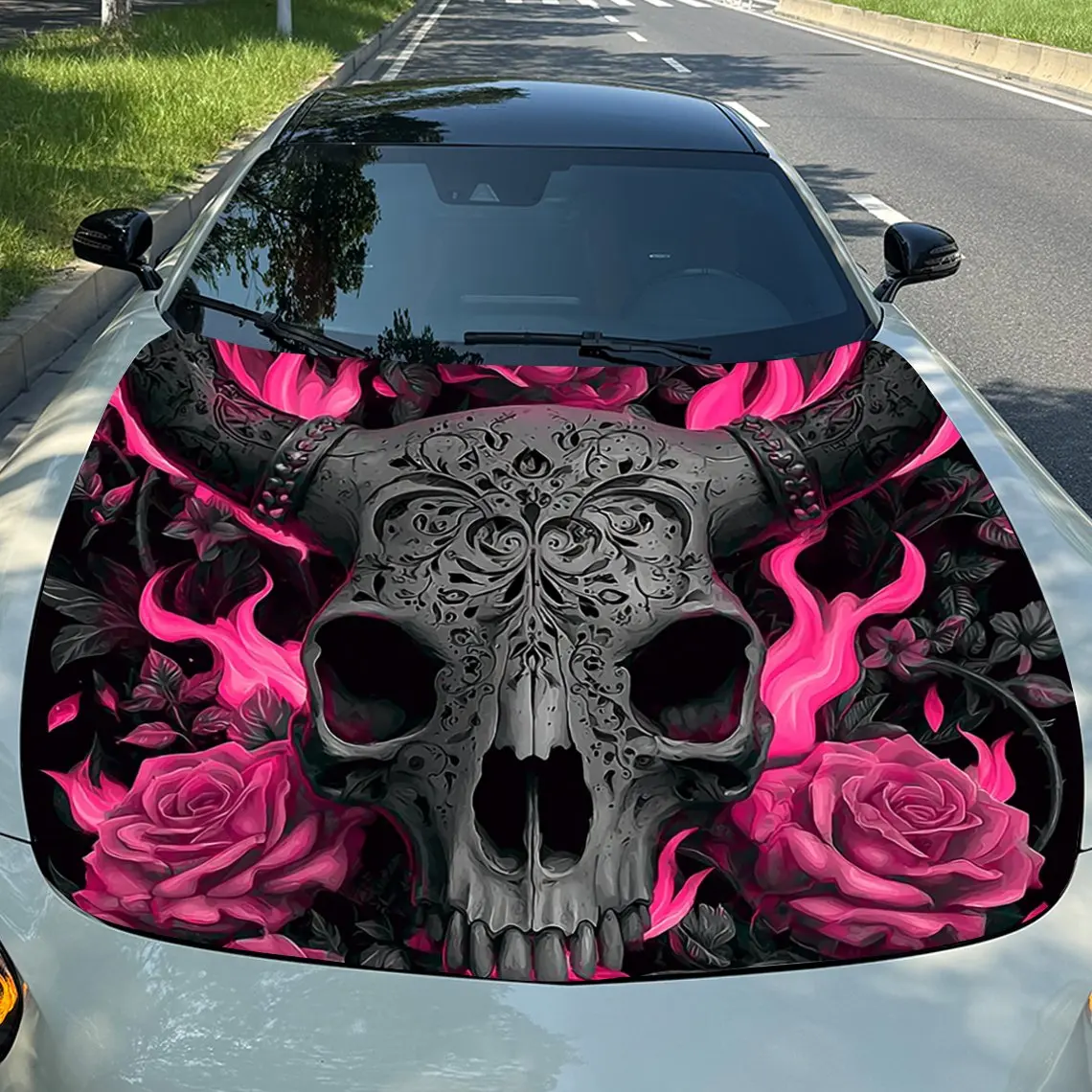 Pink Flame Skull Car Hood Wrap - Self-Adhesive Waterproof Scratch-Resistant Vinyl Decal, Durable PVC Car Hood Sticker For Trucks