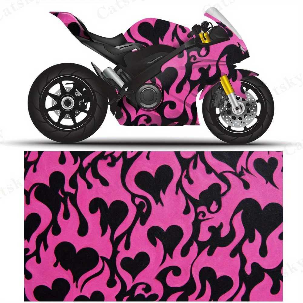 Black Hearts with Pink Flames Motorcycle Film Stickers, Durable PVC Adhesive Decals for Motorcycle Customization, Weather-Resist