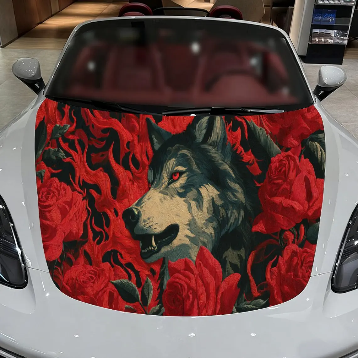 Car Decal Multi-Element Fusion of Wolf, Red Rose and Flame in Gothic Style Car Hood Sticker, Waterproof Self - Adhesive Vinyl Gr