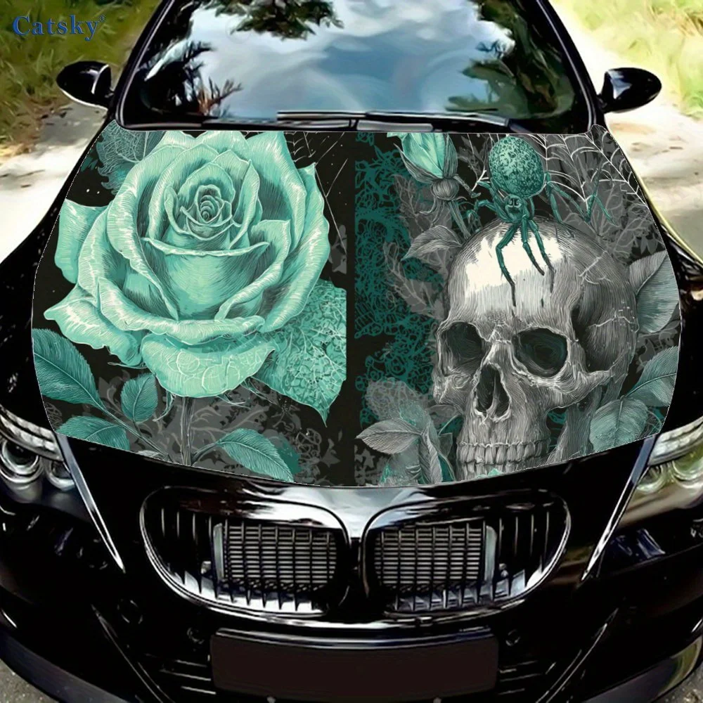 Punk Style Skull & Rose Car Vinyl Wrap, PVC Waterproof Car Hood Sticker, Self-Adhesive Scratch-Resistant Stickers for Engine Cov