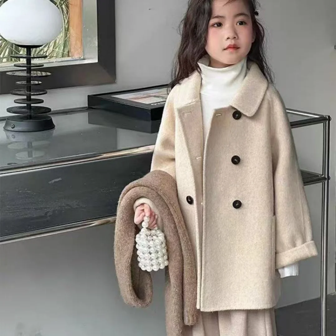 Girls Autumn Winter Coat New Fashion Children's Solid Color Double-Sided Wool Trench Coat Mid-Long Blazer Collar Outerwear