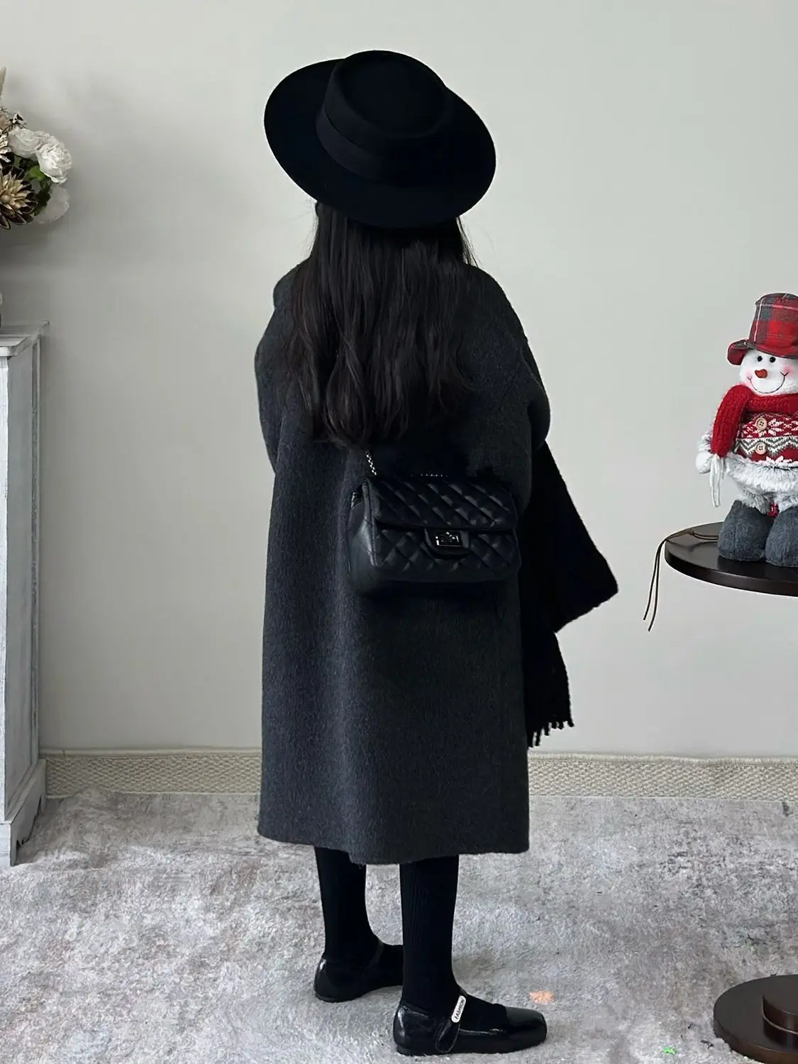 Girls Double Face Wool Coat Autumn Winter New Fashion Dark Grey Double Breasted Notch Lapel Jacket Children Clothing